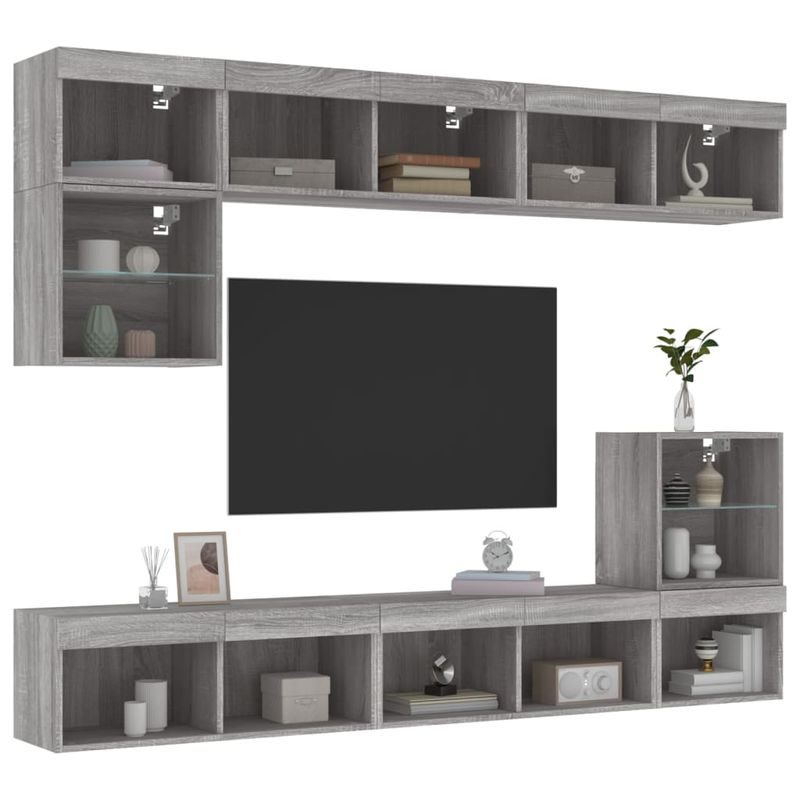 Casa si Gradina - Mobilier - Comode si corpuri - Comode - Unitati de perete TV cu LED-uri, 8 piese, gri sonoma, lemn - Infinity.ro