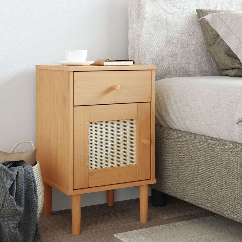 Casa si Gradina - Mobilier - Comode si corpuri - Noptiere - Noptiera SENJA, aspect ratan maro, 40x35x65 cm, lemn masiv pin - Infinity.ro