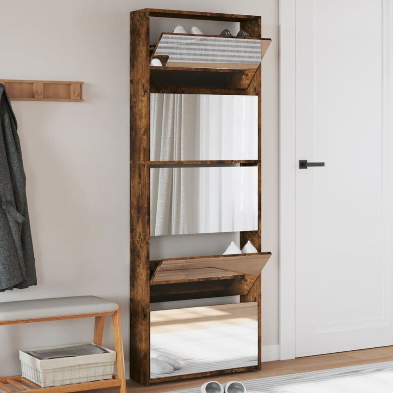 Casa si Gradina - Mobilier - Organizare si depozitare - Organizator incaltaminte - Pantofar cu oglinda, 5 niveluri, stejar fumuriu, 63x17x169,5 cm - Infinity.ro