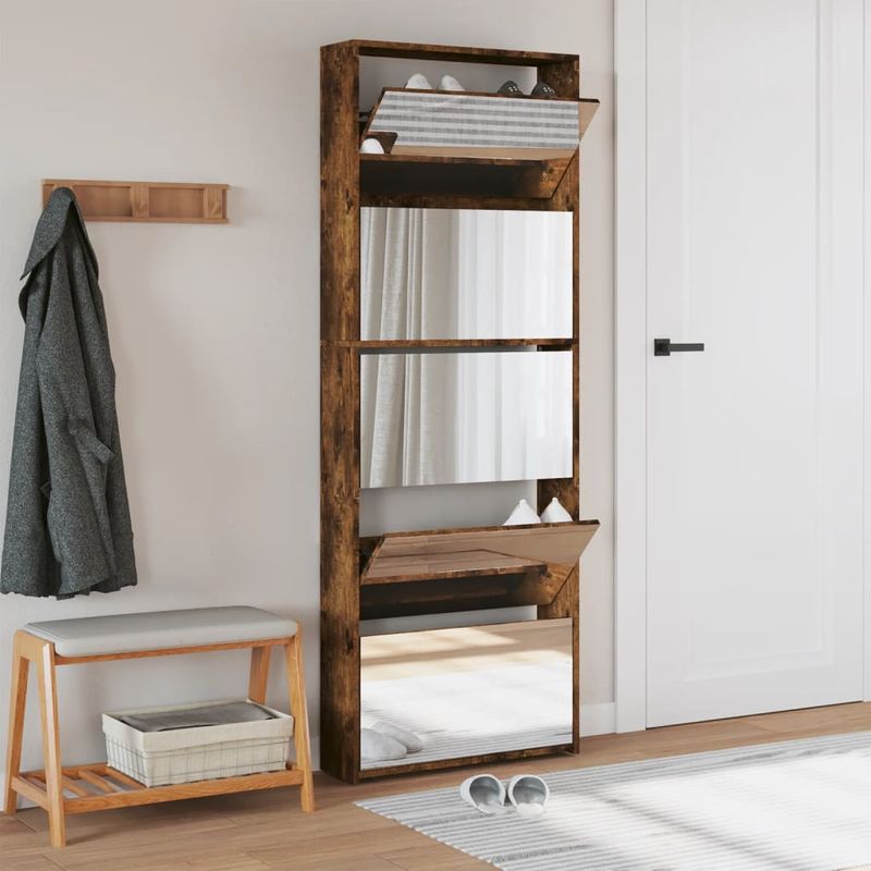 Casa si Gradina - Mobilier - Organizare si depozitare - Organizator incaltaminte - Pantofar cu oglinda, 5 niveluri, stejar fumuriu, 63x17x169,5 cm - Infinity.ro
