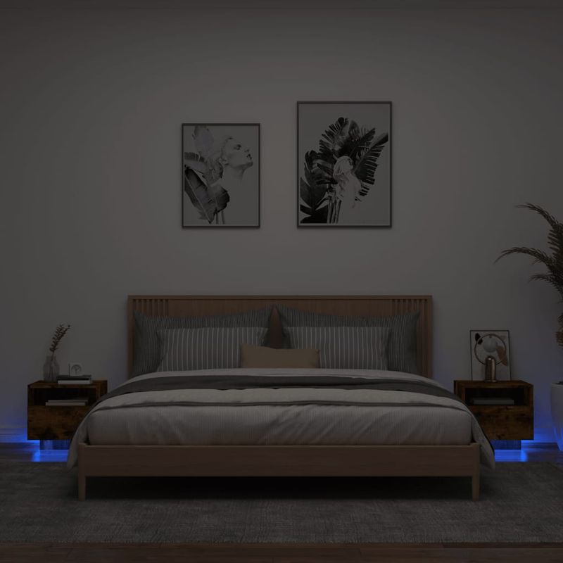 Casa si Gradina - Mobilier - Comode si corpuri - Noptiere - Noptiere cu lumini LED, 2 buc., stejar fumuriu, 40x39x37 cm - Infinity.ro