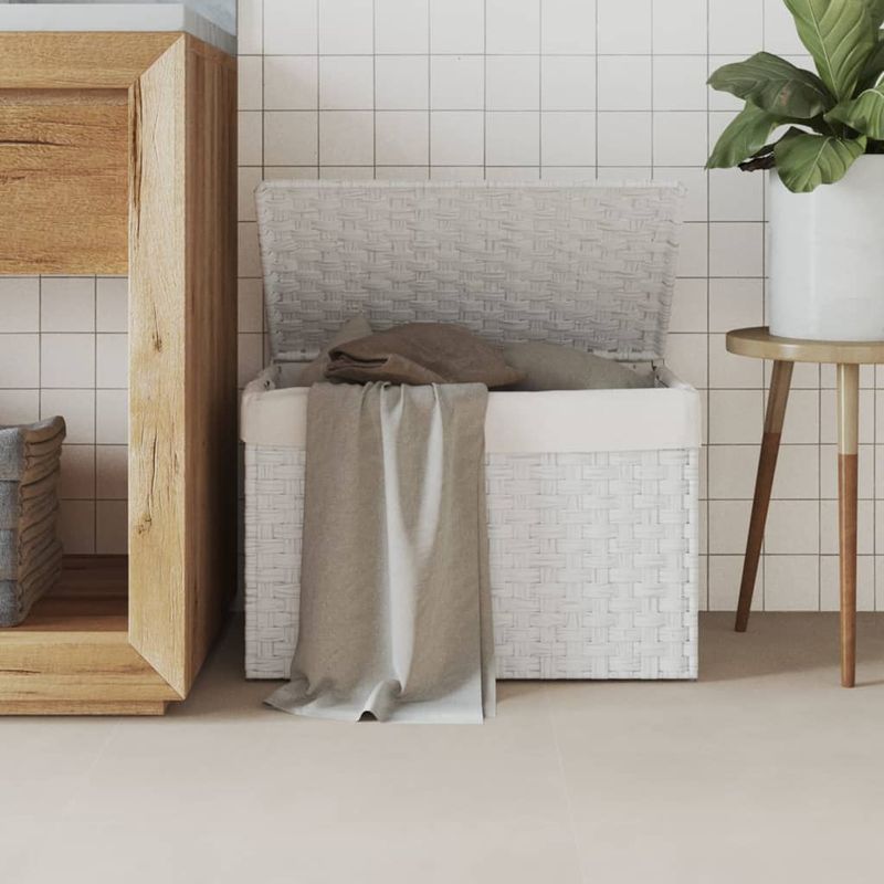 Market - Spalare si intretinere rufe - Uscatoare de rufe si accesorii - Cos de rufe cu capac, alb, 55,5x35x34 cm, poliratan - Infinity.ro