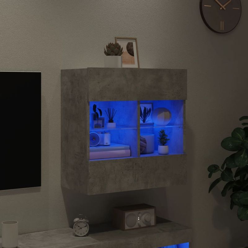 Casa si Gradina - Mobilier - Comode si corpuri - Comode - Comoda TV de perete cu lumini LED, gri beton, 58,5x30x60,5 cm - Infinity.ro