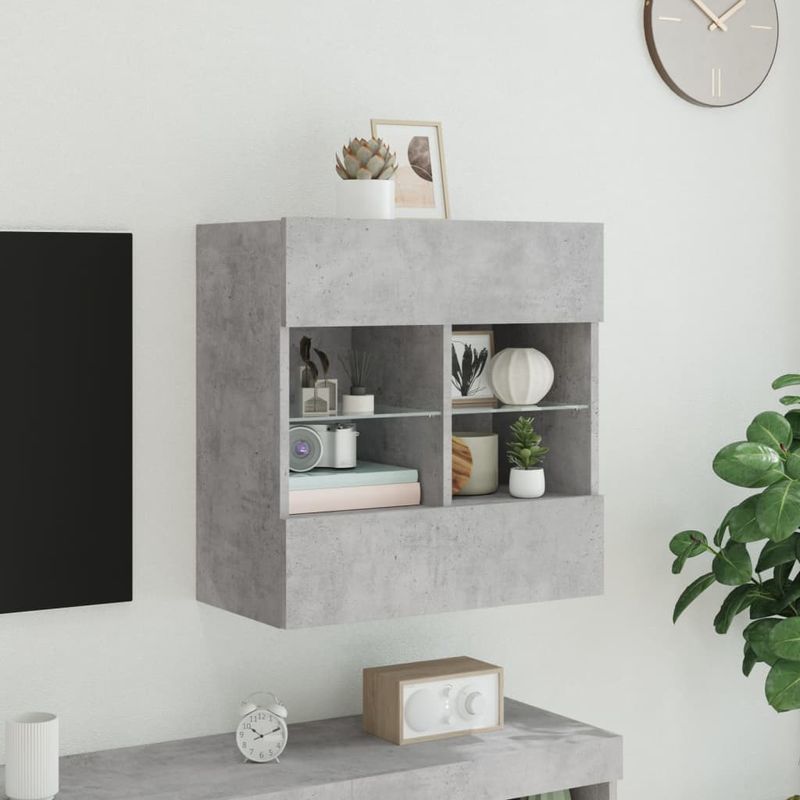 Casa si Gradina - Mobilier - Comode si corpuri - Comode - Comoda TV de perete cu lumini LED, gri beton, 58,5x30x60,5 cm - Infinity.ro