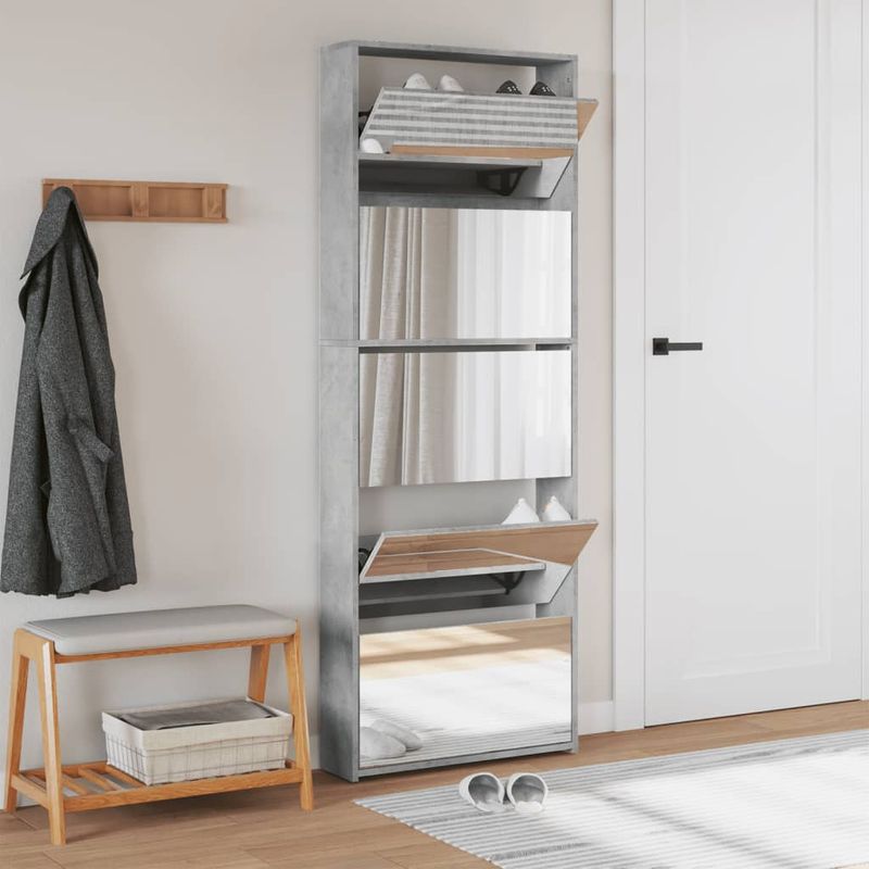 Casa si Gradina - Mobilier - Organizare si depozitare - Organizator incaltaminte - Pantofar cu oglinda, 5 niveluri, gri beton, 63x17x169,5 cm - Infinity.ro