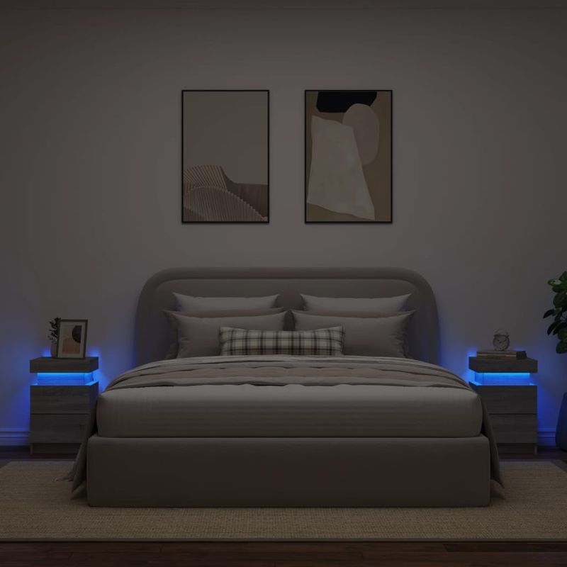 Casa si Gradina - Mobilier - Comode si corpuri - Noptiere - Noptiere cu lumini LED, 2 buc., gri sonoma, 35x39x55 cm - Infinity.ro