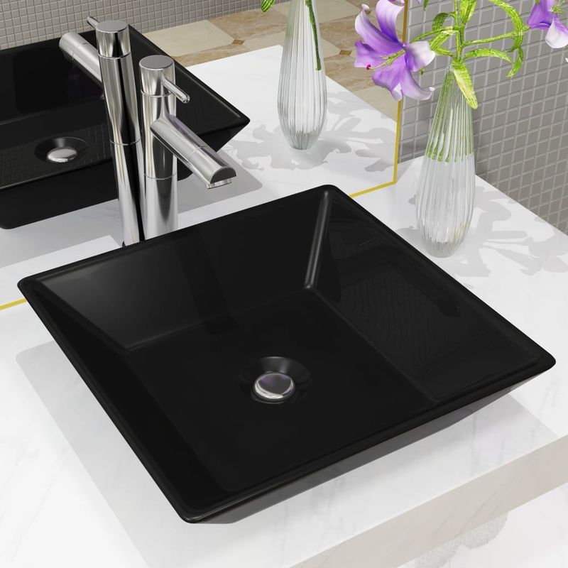 Casa si Gradina - Sanitare - Lavoar baie si accesorii - Lavoare si piedestale - Chiuveta ceramica patrata, Negru, 41,5x41,5x12 cm - Infinity.ro