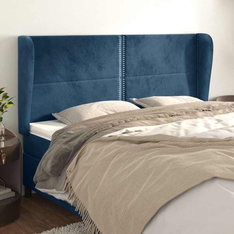 Casa si Gradina - Mobilier - Paturi si accesorii - Accesorii paturi - Tablie pat cu urechi albastru inchis 163x23x118/128 cm catifea - Infinity.ro