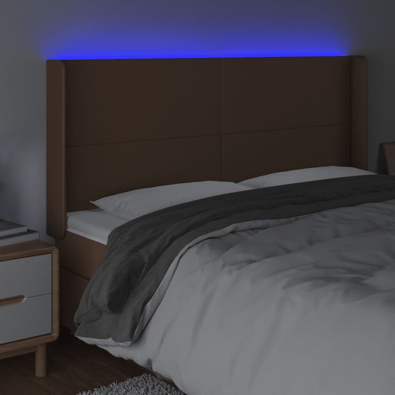 Casa si Gradina - Mobilier - Paturi si accesorii - Accesorii paturi - Tablie de pat cu LED, maro, 183x16x118/128 cm, piele ecologica - Infinity.ro
