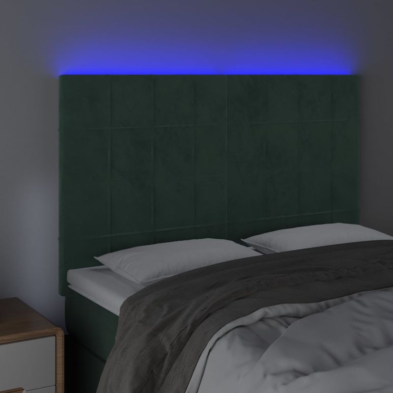 Casa si Gradina - Mobilier - Paturi si accesorii - Accesorii paturi - Tablie de pat cu LED, verde inchis, 144x5x118/128 cm, catifea - Infinity.ro