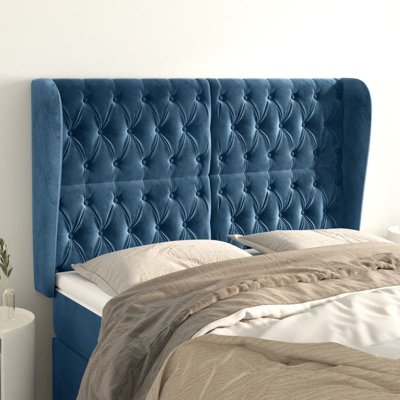 Casa si Gradina - Mobilier - Paturi si accesorii - Accesorii paturi - Tablie pat cu urechi albastru inchis 163x23x118/128 cm catifea - Infinity.ro