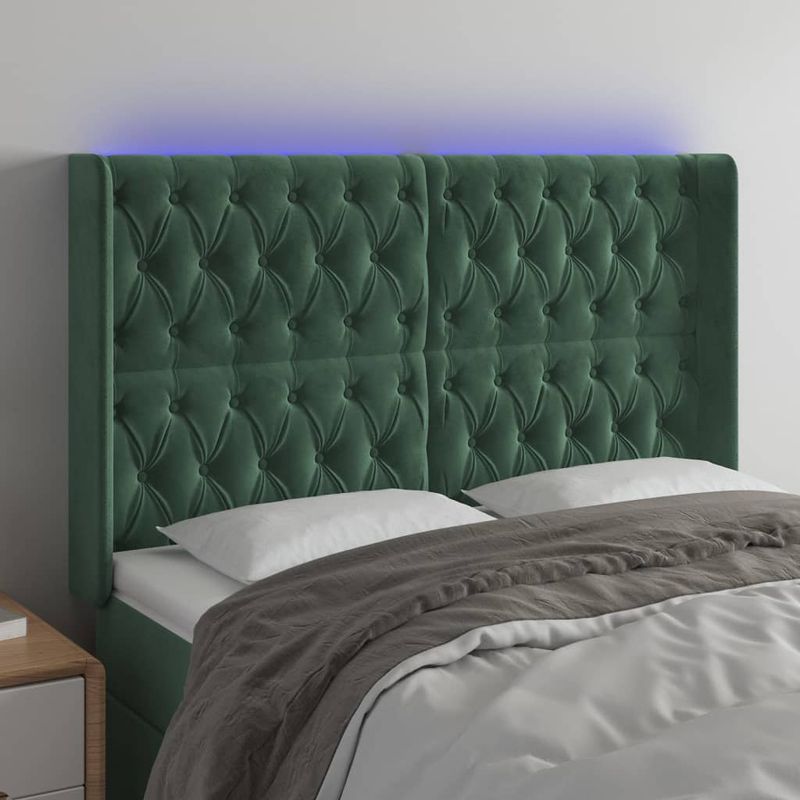 Casa si Gradina - Mobilier - Paturi si accesorii - Accesorii paturi - Tablie de pat cu LED, verde inchis, 147x16x118/128 cm, catifea - Infinity.ro