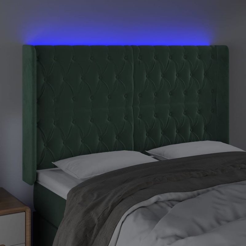 Casa si Gradina - Mobilier - Paturi si accesorii - Accesorii paturi - Tablie de pat cu LED, verde inchis, 147x16x118/128 cm, catifea - Infinity.ro