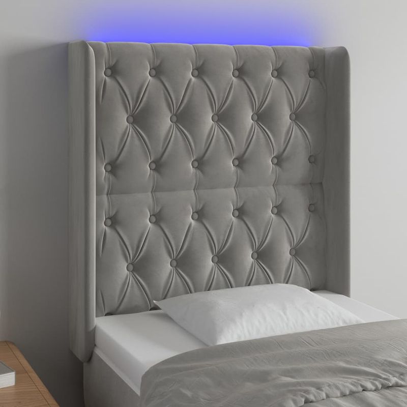 Casa si Gradina - Mobilier - Paturi si accesorii - Accesorii paturi - Tablie de pat cu LED, gri deschis, 83x16x118/128 cm, catifea - Infinity.ro