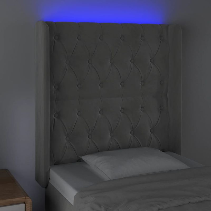 Casa si Gradina - Mobilier - Paturi si accesorii - Accesorii paturi - Tablie de pat cu LED, gri deschis, 83x16x118/128 cm, catifea - Infinity.ro