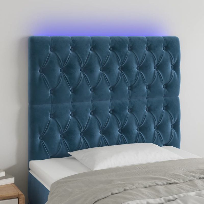 Casa si Gradina - Mobilier - Paturi si accesorii - Accesorii paturi - Tablie de pat cu LED, albastru inchis, 90x7x118/128cm, catifea - Infinity.ro