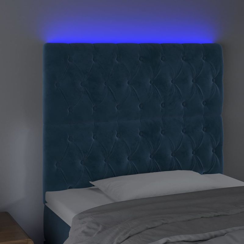 Casa si Gradina - Mobilier - Paturi si accesorii - Accesorii paturi - Tablie de pat cu LED, albastru inchis, 90x7x118/128cm, catifea - Infinity.ro
