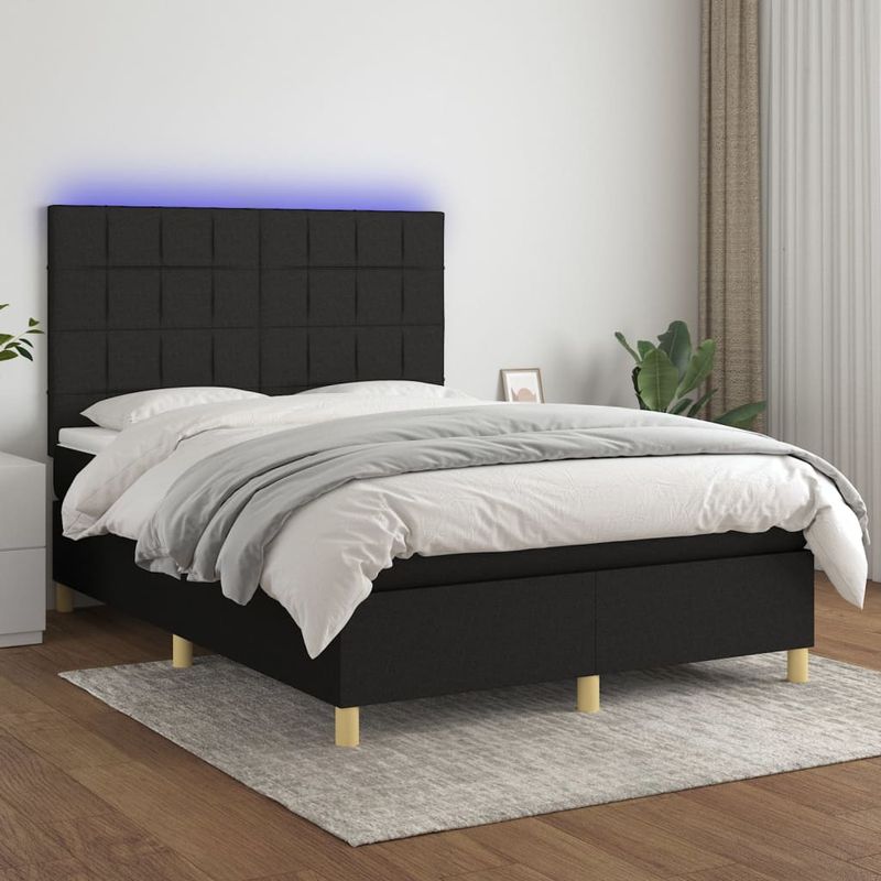 Casa si Gradina - Mobilier - Paturi si accesorii - Paturi - Pat cu arcuri, saltea si LED, negru, 140x190 cm, textil - Infinity.ro