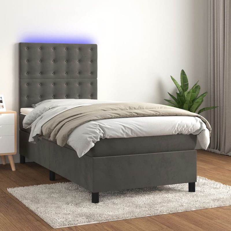 Casa si Gradina - Mobilier - Paturi si accesorii - Paturi - Pat cu arcuri, saltea si LED, gri inchis, 100x200 cm, catifea - Infinity.ro