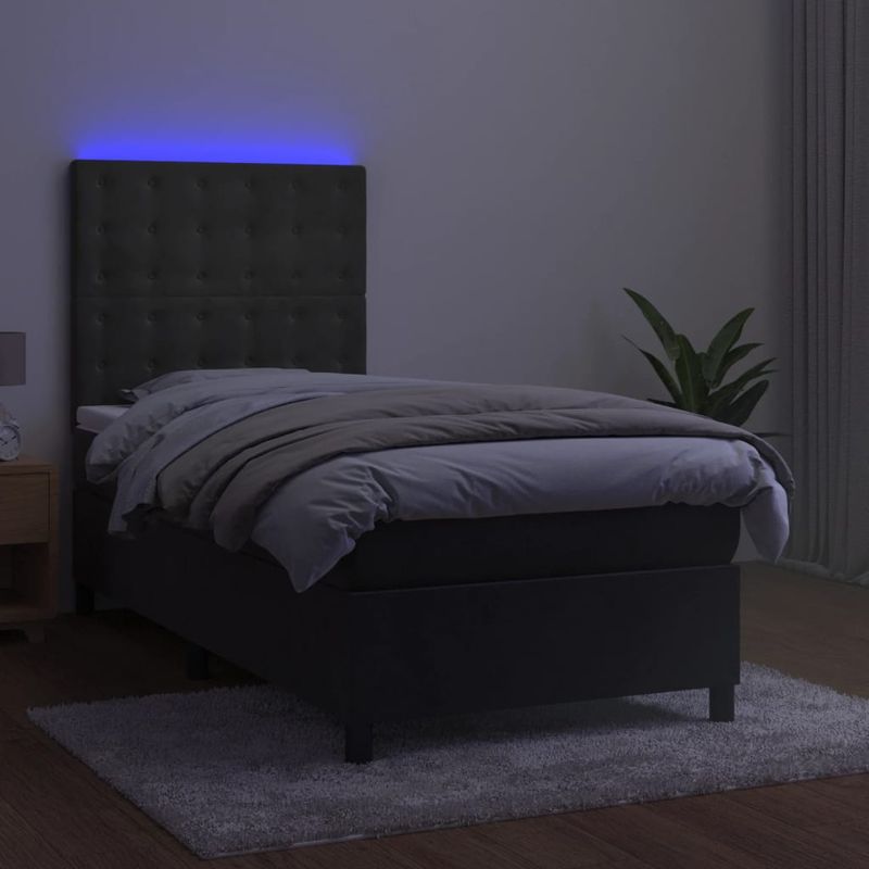 Casa si Gradina - Mobilier - Paturi si accesorii - Paturi - Pat cu arcuri, saltea si LED, gri inchis, 100x200 cm, catifea - Infinity.ro