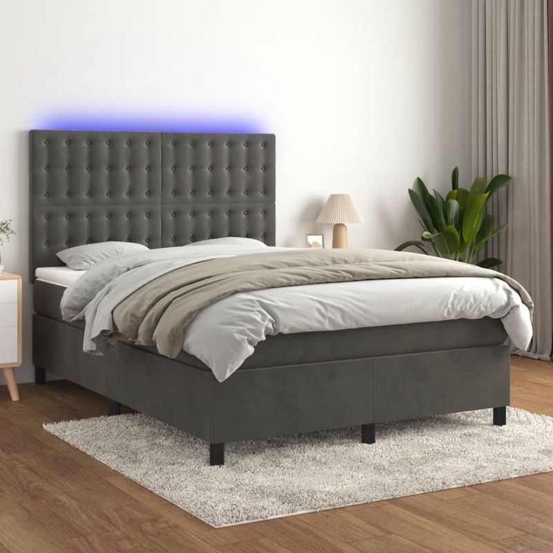 Casa si Gradina - Mobilier - Paturi si accesorii - Paturi - Pat cu arcuri, saltea si LED, gri inchis, 140x190 cm, catifea - Infinity.ro