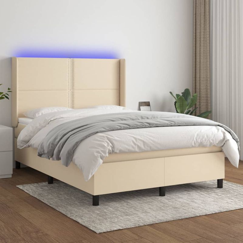 Casa si Gradina - Mobilier - Paturi si accesorii - Paturi - Pat cu arcuri, saltea si LED, crem, 140x190 cm, textil - Infinity.ro
