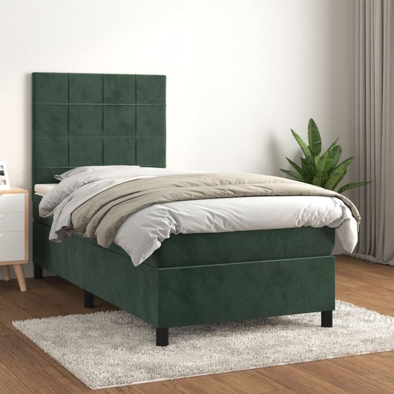 Casa si Gradina - Mobilier - Paturi si accesorii - Paturi - Pat box spring cu saltea, verde inchis, 90x200 cm, catifea - Infinity.ro