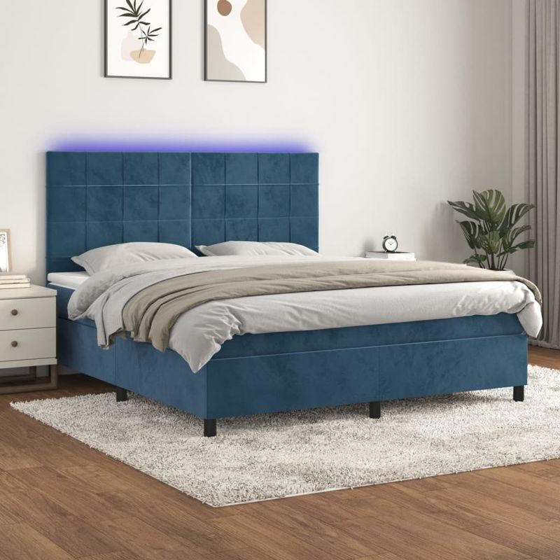 Casa si Gradina - Mobilier - Paturi si accesorii - Paturi - Pat cu arcuri, saltea si LED, bleumarin, 160x200 cm, catifea - Infinity.ro