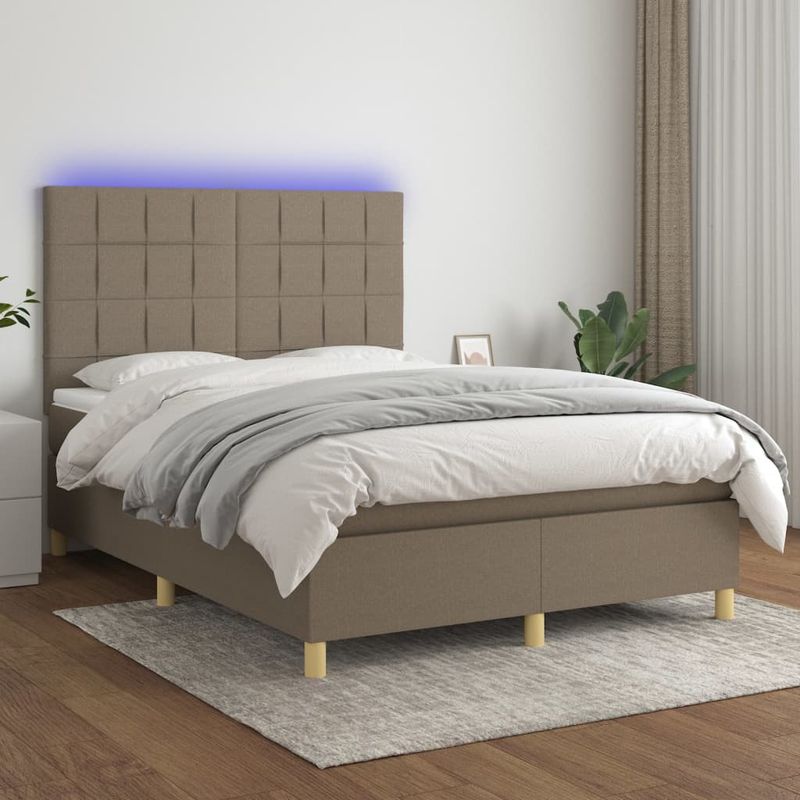 Casa si Gradina - Mobilier - Paturi si accesorii - Paturi - Pat cu arcuri, saltea si LED, gri taupe, 140x190 cm, textil - Infinity.ro