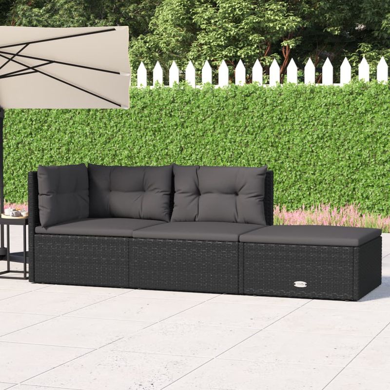 Casa si Gradina - Gradina si terasa - Mobilier exterior - Seturi mobila gradina - Set mobilier de gradina cu perne, 3 piese, negru, poliratan - Infinity.ro