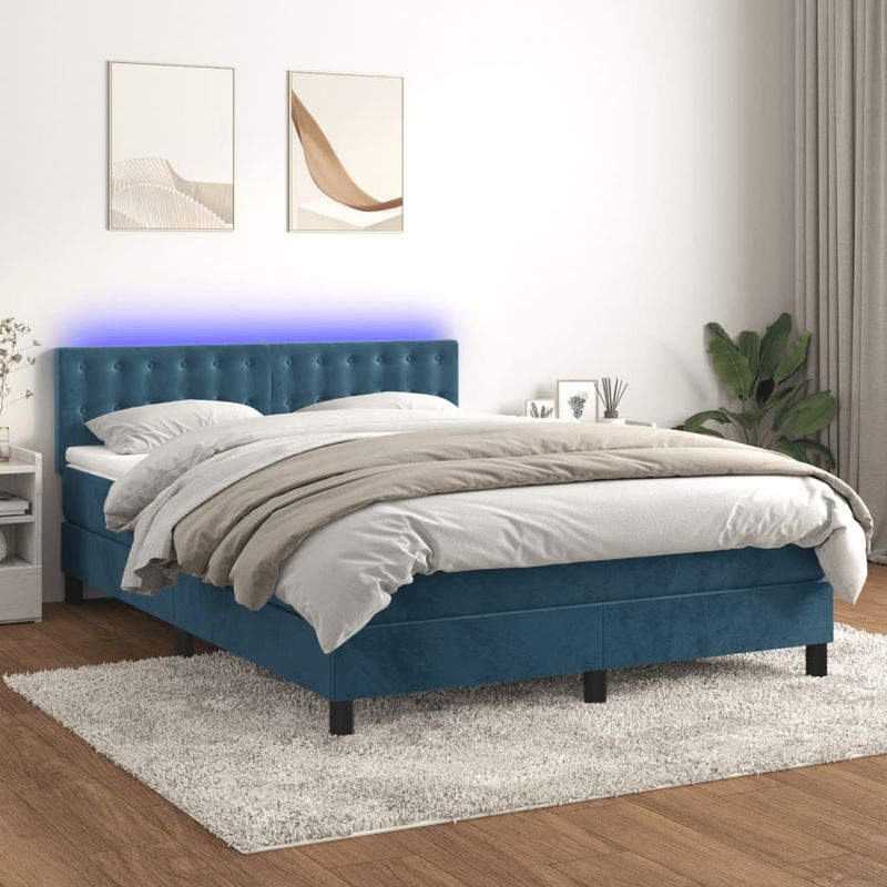 Casa si Gradina - Mobilier - Paturi si accesorii - Paturi - Pat cu arcuri, saltea si LED, bleumarin, 140x190 cm, catifea - Infinity.ro