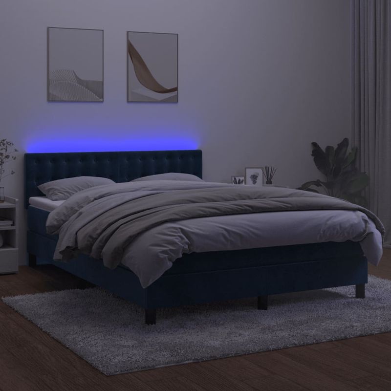 Casa si Gradina - Mobilier - Paturi si accesorii - Paturi - Pat cu arcuri, saltea si LED, bleumarin, 140x190 cm, catifea - Infinity.ro