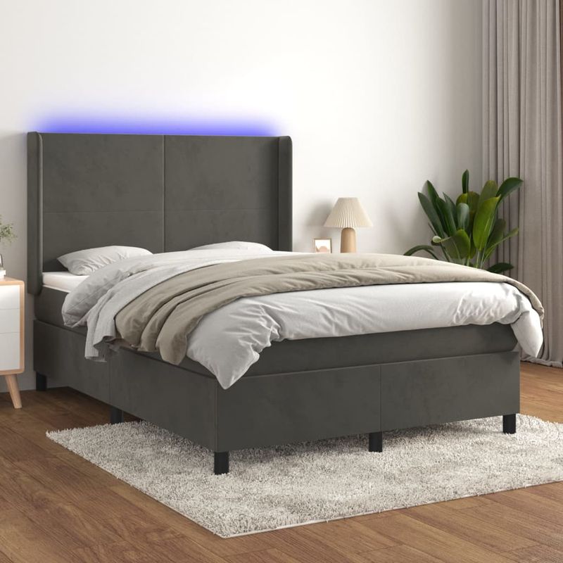 Casa si Gradina - Mobilier - Paturi si accesorii - Paturi - Pat cu arcuri, saltea si LED, gri inchis, 140x200 cm, catifea - Infinity.ro