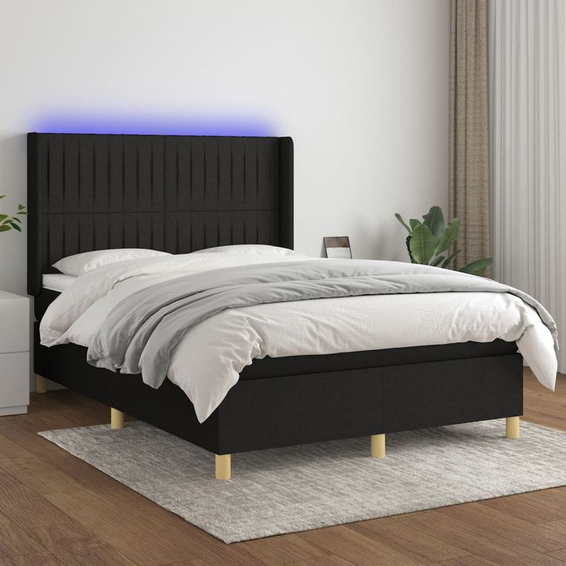 Casa si Gradina - Mobilier - Paturi si accesorii - Paturi - Pat cu arcuri, saltea si LED, negru, 140x190 cm, textil - Infinity.ro