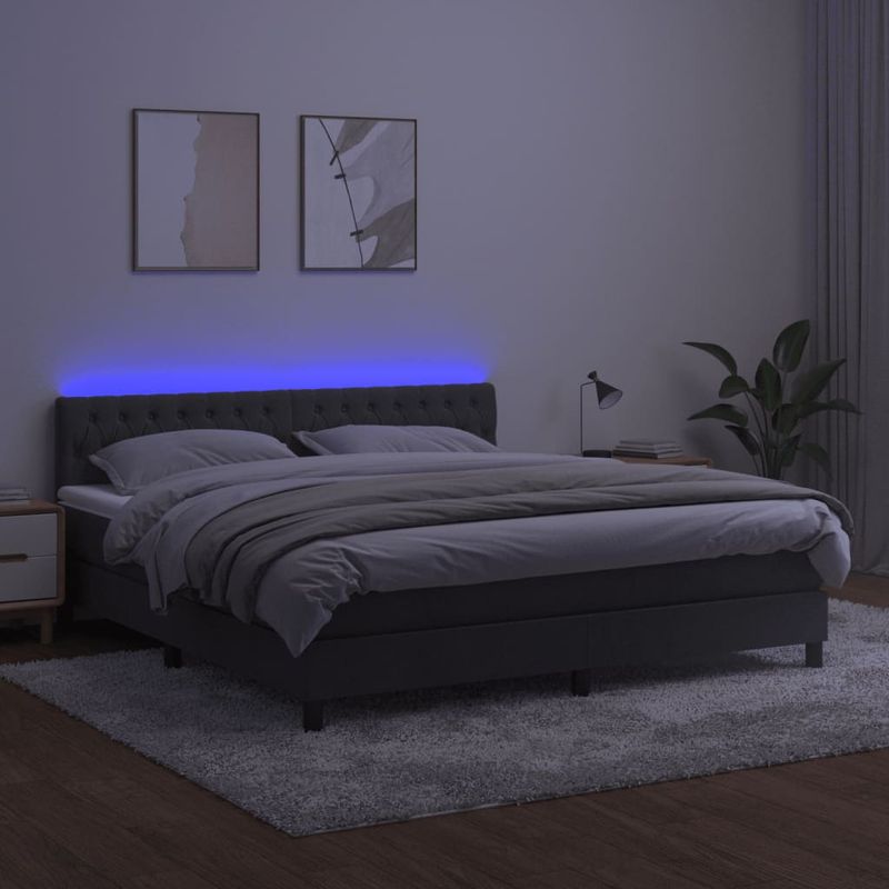 Casa si Gradina - Mobilier - Paturi si accesorii - Paturi - Pat cu arcuri, saltea si LED, gri inchis, 180x200 cm, catifea - Infinity.ro