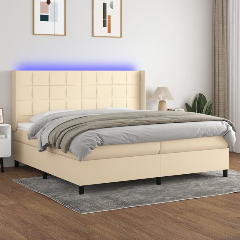 Casa si Gradina - Mobilier - Paturi si accesorii - Paturi - Pat cu arcuri, saltea si LED, crem, 200x200 cm, textil - Infinity.ro