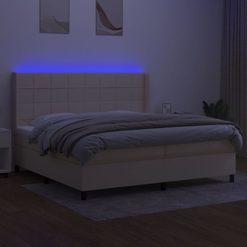Casa si Gradina - Mobilier - Paturi si accesorii - Paturi - Pat cu arcuri, saltea si LED, crem, 200x200 cm, textil - Infinity.ro