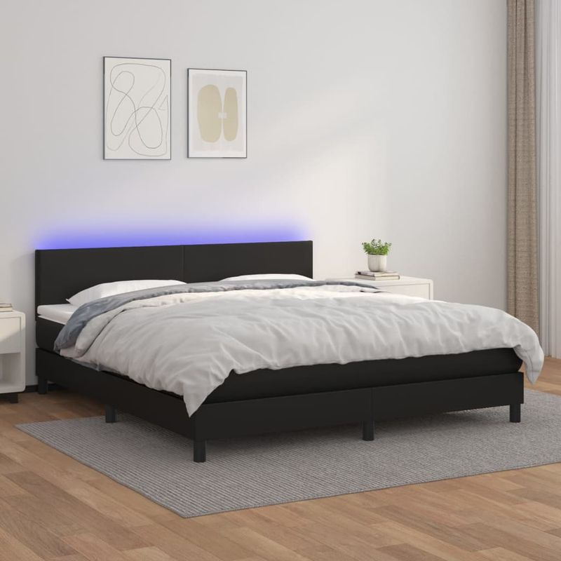 Casa si Gradina - Mobilier - Paturi si accesorii - Paturi - Pat cu arcuri, saltea si LED, negru, 160x200cm, piele ecologica - Infinity.ro