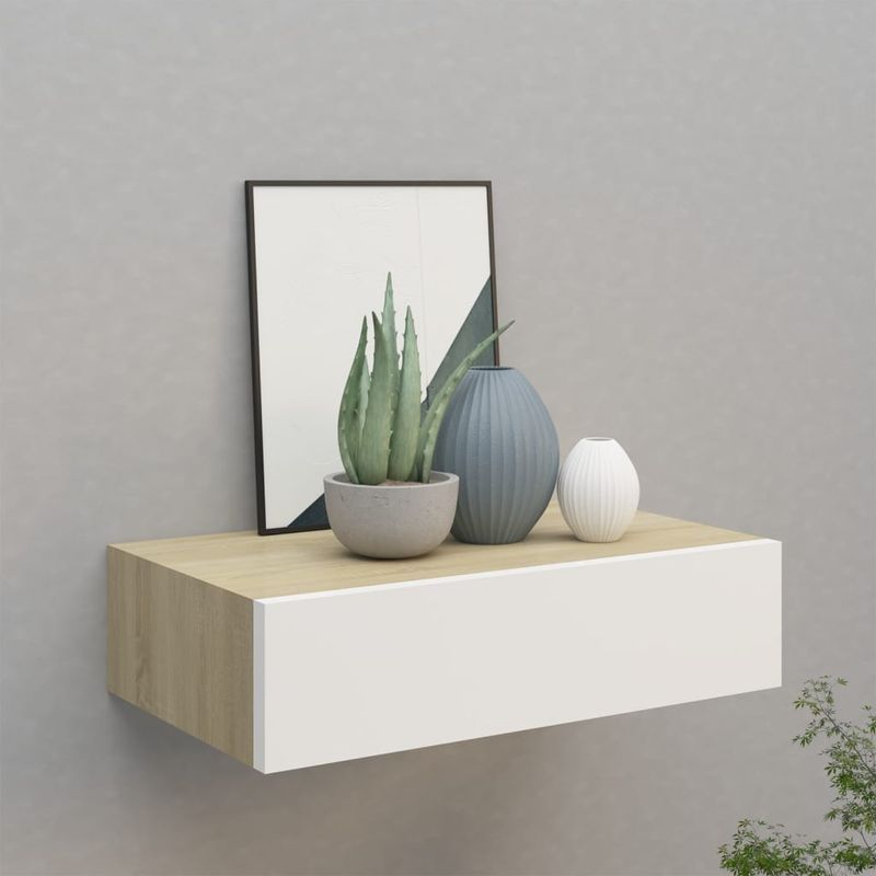 Casa si Gradina - Mobilier - Biblioteci si rafturi - Rafturi - Dulap de perete cu sertar, alb si stejar, 40x23,5x10 cm, MDF - Infinity.ro