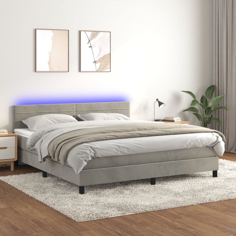 Casa si Gradina - Mobilier - Paturi si accesorii - Paturi - Pat cu arcuri, saltea si LED, gri deschis, 180x200 cm, catifea - Infinity.ro