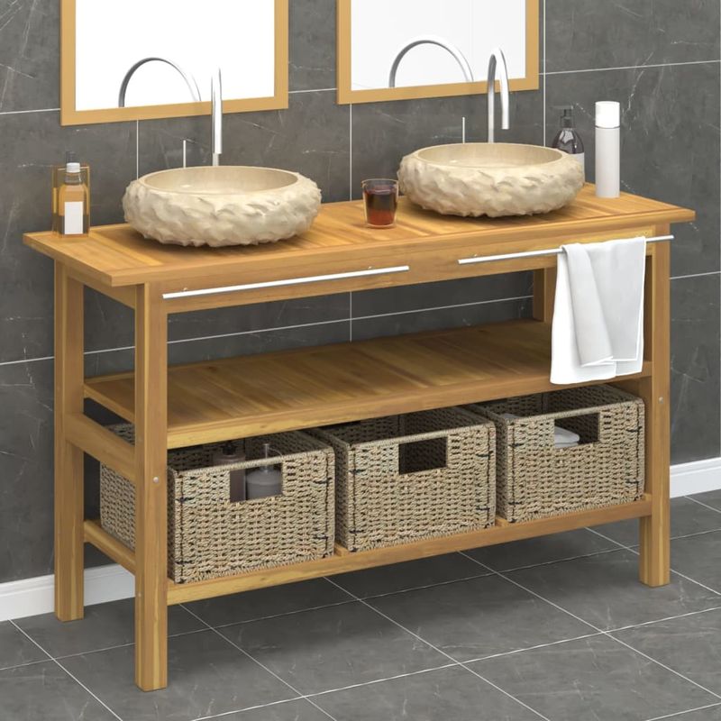 Casa si Gradina - Mobilier - Mobilier baie - Comode baie - Comoda de baie cu chiuvete din marmura, crem, lemn masiv tec - Infinity.ro