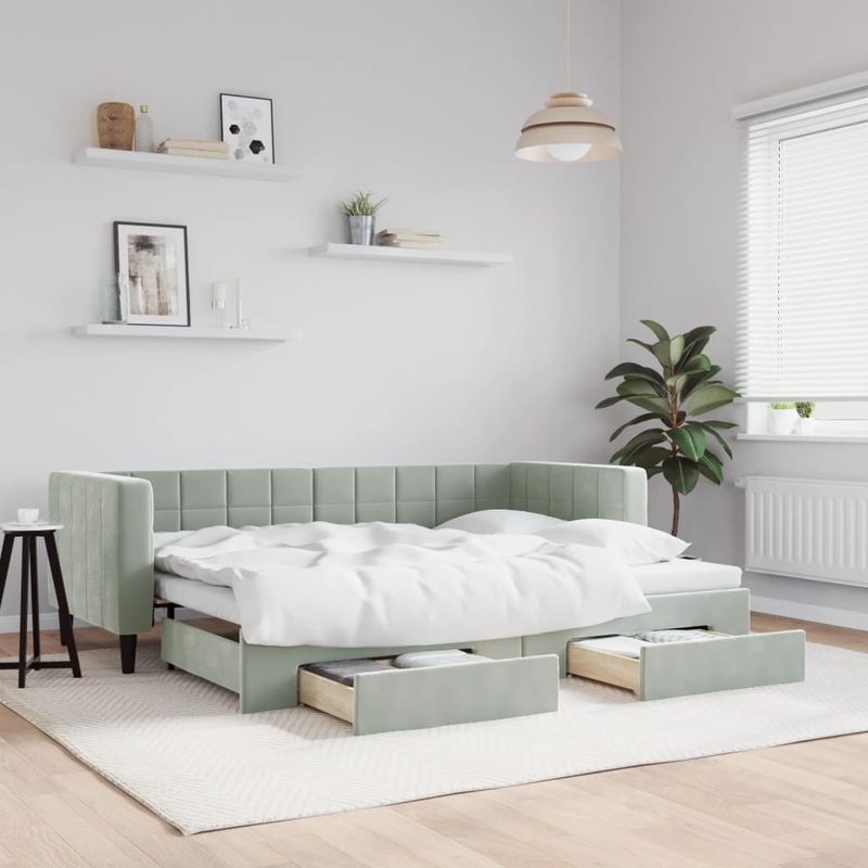 Casa si Gradina - Mobilier - Paturi si accesorii - Paturi - Pat de zi cu extensie si sertare, gri deschis 80x200 cm catifea - Infinity.ro