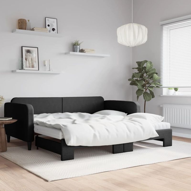 Casa si Gradina - Mobilier - Paturi si accesorii - Paturi - Pat de zi cu extensie si saltele, negru, 100x200 cm, textil - Infinity.ro