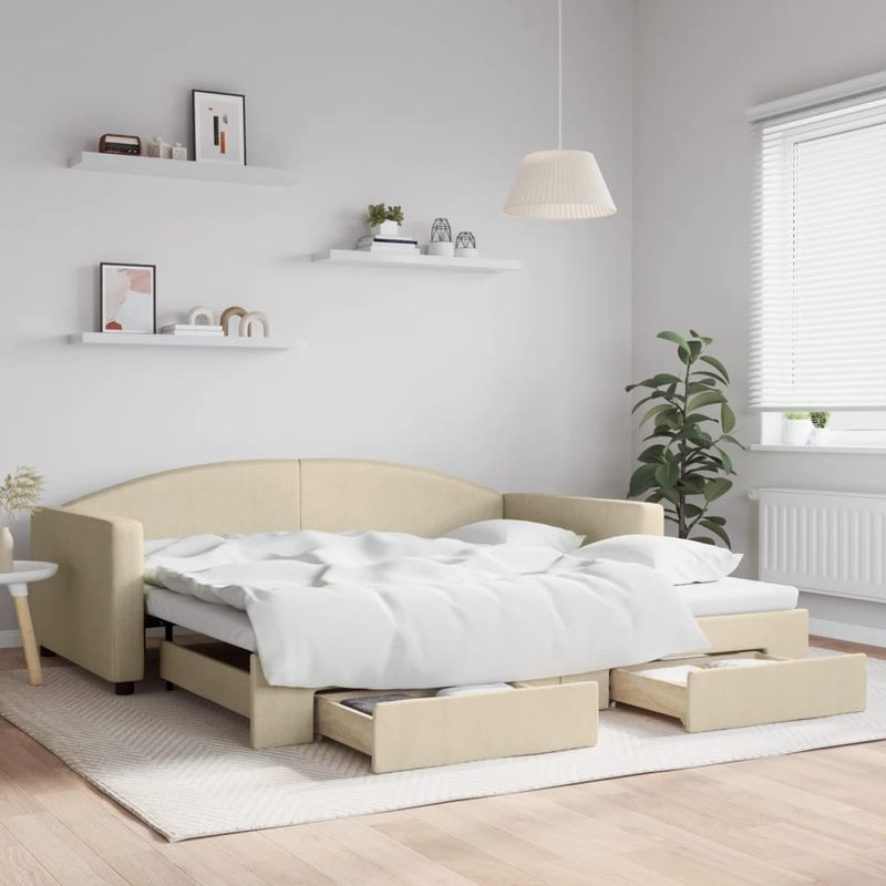 Casa si Gradina - Mobilier - Paturi si accesorii - Paturi - Pat de zi cu extensie si sertare, crem, 100x200 cm, textil - Infinity.ro