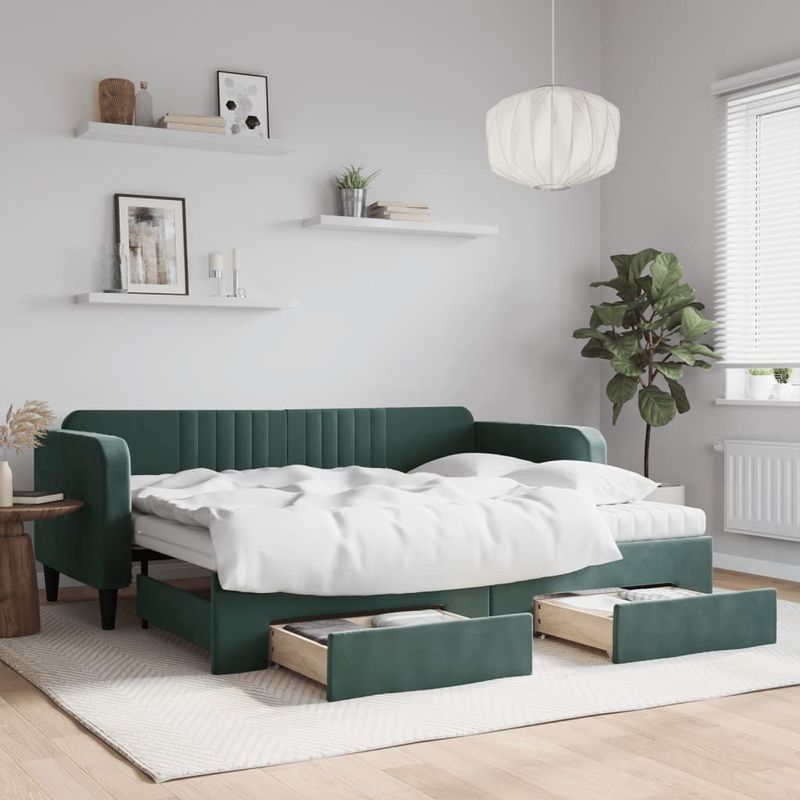 Casa si Gradina - Mobilier - Paturi si accesorii - Paturi - Pat de zi cu extensie si sertare verde inchis 90x200 cm catifea - Infinity.ro