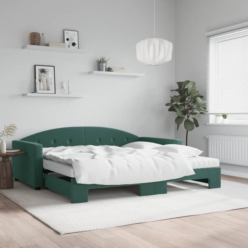 Casa si Gradina - Mobilier - Paturi si accesorii - Paturi - Pat de zi cu extensie si saltele verde inchis 100x200cm catifea - Infinity.ro