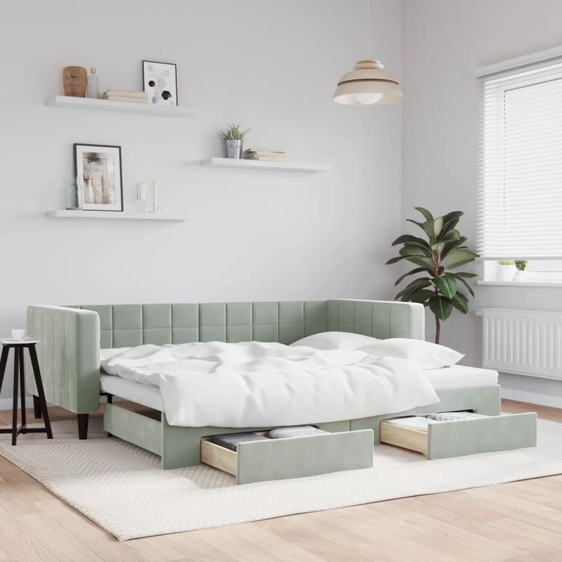 Casa si Gradina - Mobilier - Paturi si accesorii - Paturi - Pat de zi cu extensie si sertare, gri deschis 90x200 cm catifea - Infinity.ro