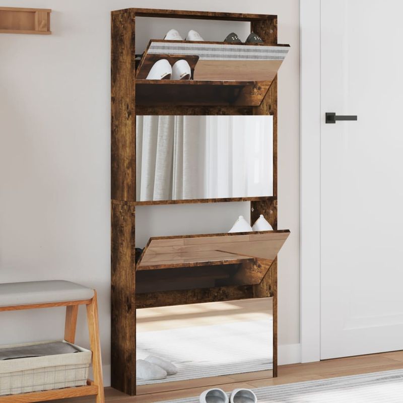Casa si Gradina - Mobilier - Organizare si depozitare - Organizator incaltaminte - Pantofar cu oglinda, 4 niveluri, stejar fumuriu, 63x17x134 cm - Infinity.ro