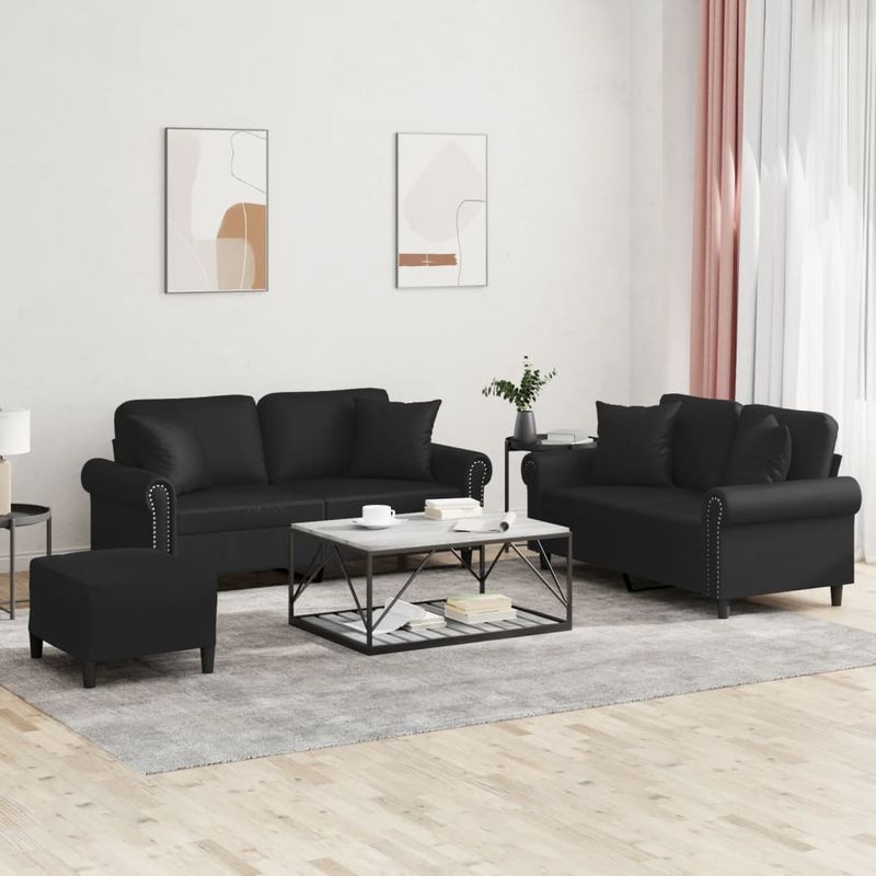Casa si Gradina - Mobilier - Seturi de mobilier - Seturi living - Set de canapele cu perne, 3 piese, negru, piele ecologica - Infinity.ro