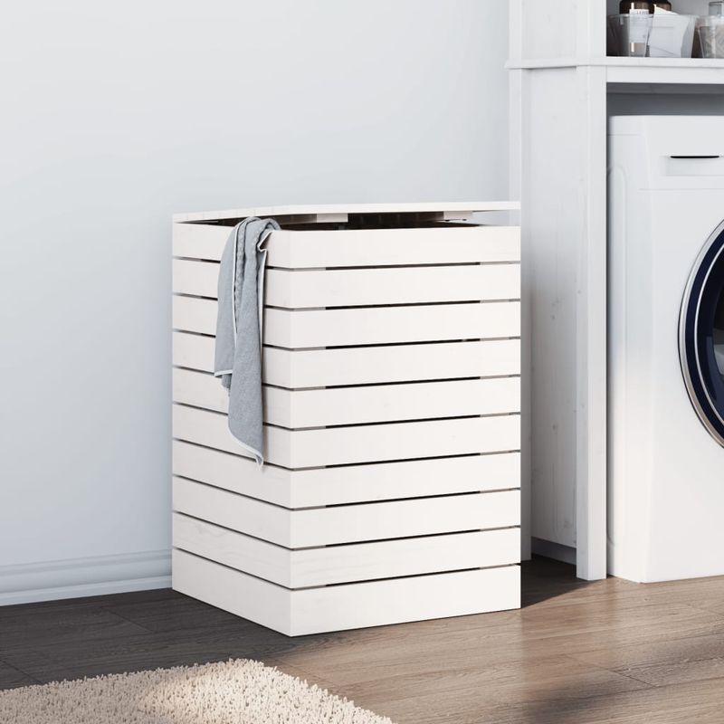 Market - Spalare si intretinere rufe - Uscatoare de rufe si accesorii - Cos de rufe, alb, 44x44x66 cm, lemn masiv de pin - Infinity.ro